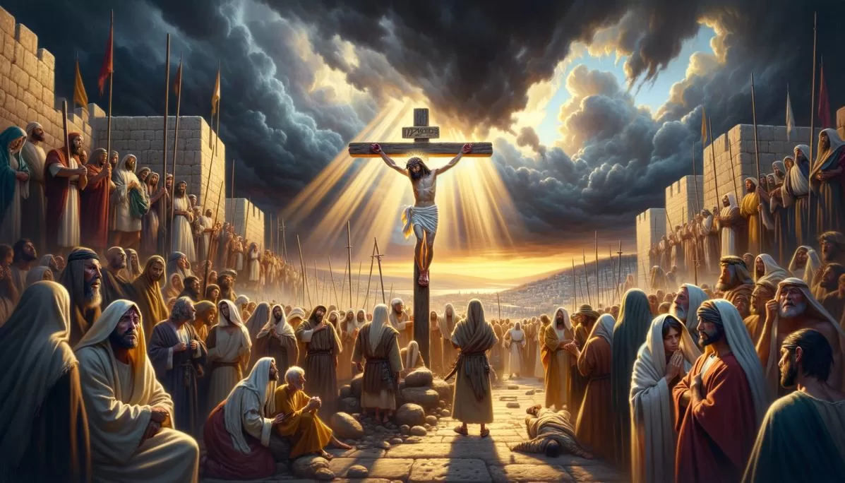 Crucificação de Jesus com céu tempestuoso e multidão ao redor, representando por que Jesus morreu na cruz.