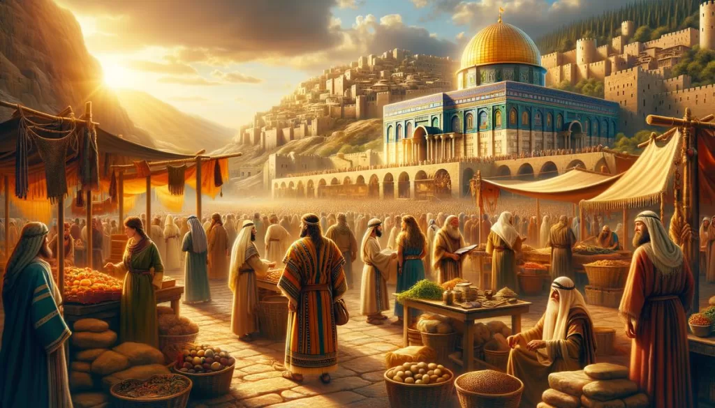Cena da antiga Jerusalém em um mercado movimentado, simbolizando as profecias bíblicas e a cultura hebraica.