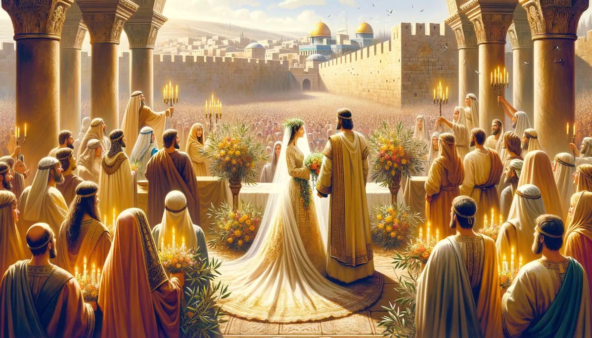 Cena de um casamento na antiga Jerusalém, celebrando a união sob os ensinamentos de Provérbios sobre casamento.