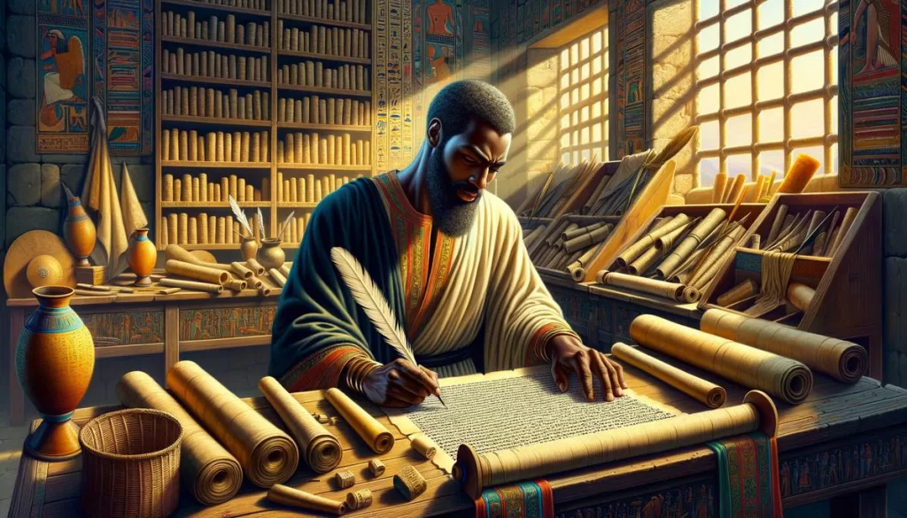 Escriba egípcio copiando um antigo pergaminho da Bíblia, simbolizando a quantidade de Bíblias no mundo.