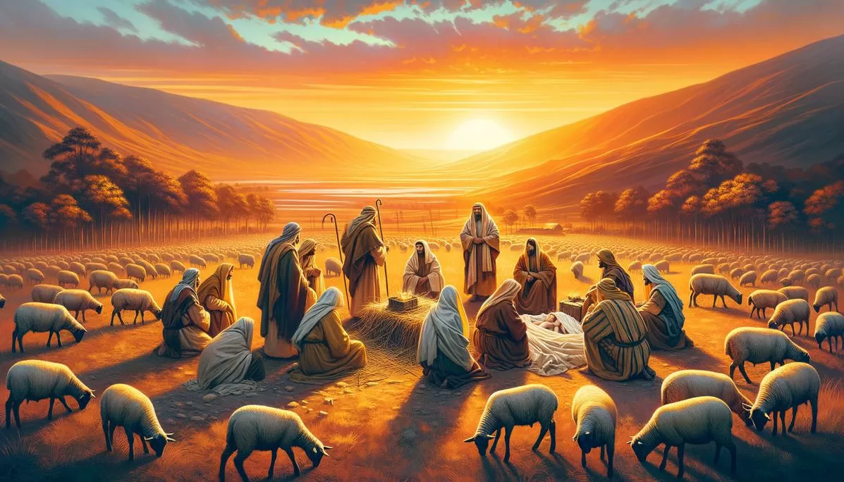 Cena de pastores na Judeia discutindo versículo de fé ao amanhecer, com ovelhas ao fundo.