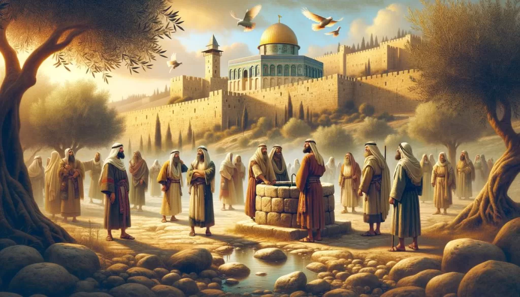 Cena vibrante de Jerusalém ao amanhecer com homens perto de um poço e o Templo ao fundo.