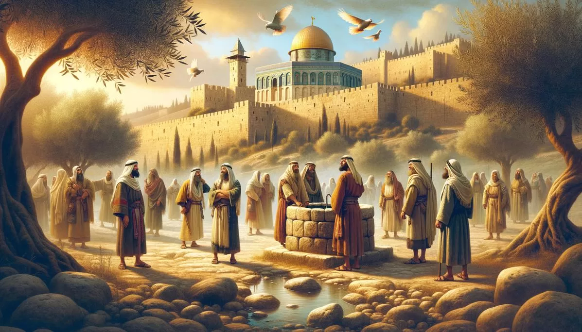 Cena vibrante de Jerusalém ao amanhecer com homens perto de um poço e o Templo ao fundo.