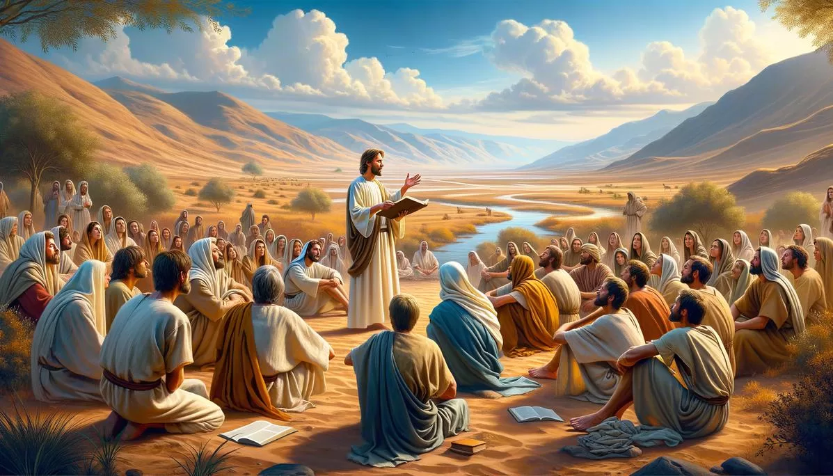Cena do evangelho sendo pregado no deserto por um pregador, com discípulos ouvindo.