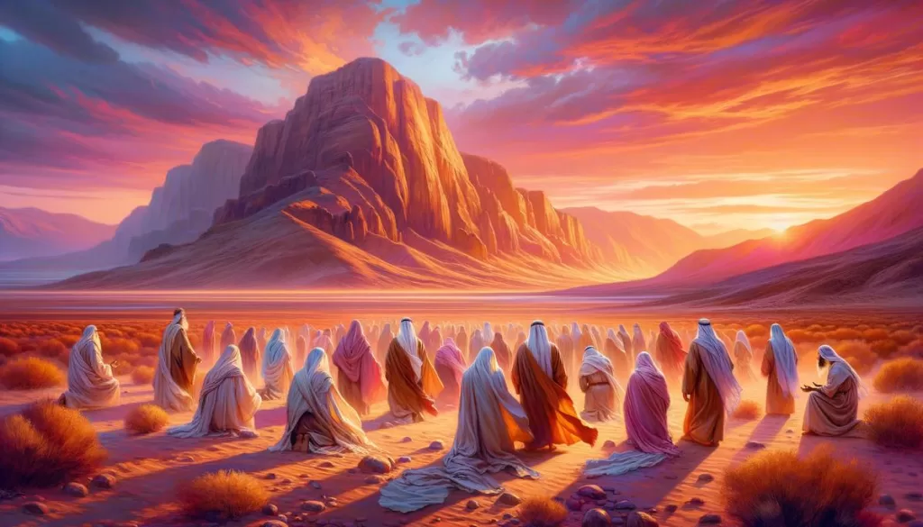 Uma reunião de homens de Deus orando no deserto da Judeia ao amanhecer, representando a superação na Bíblia.