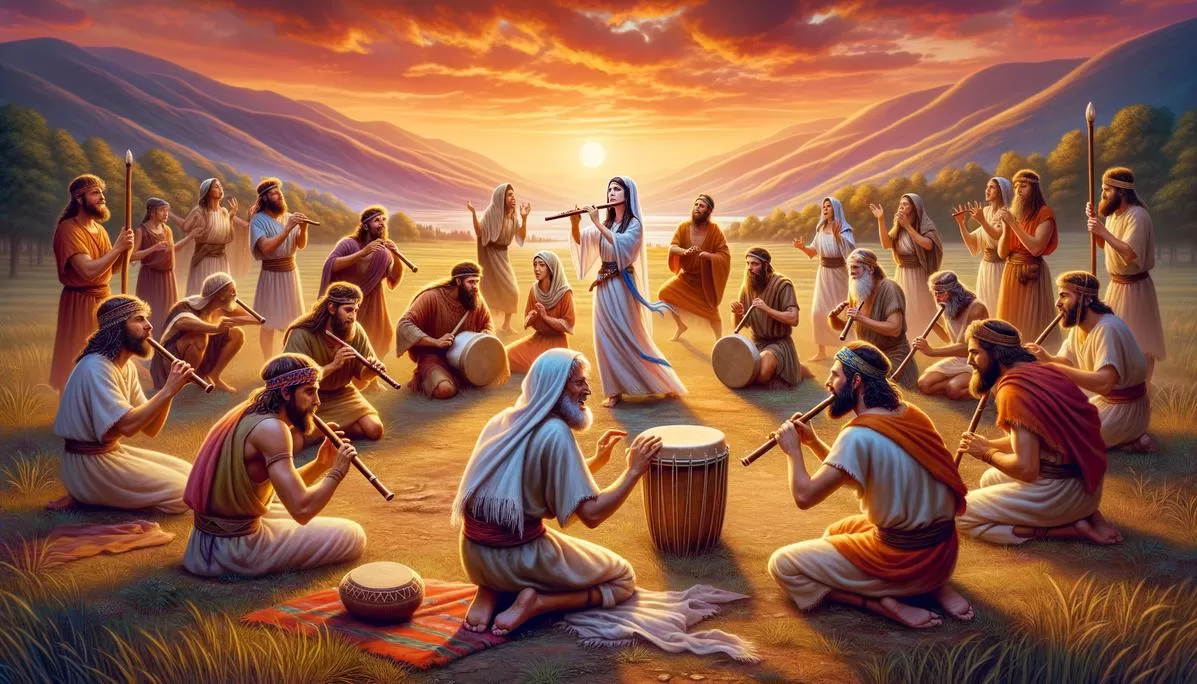 Cena de celebração israelita com música e dança, ilustrando a importância da música na Bíblia.