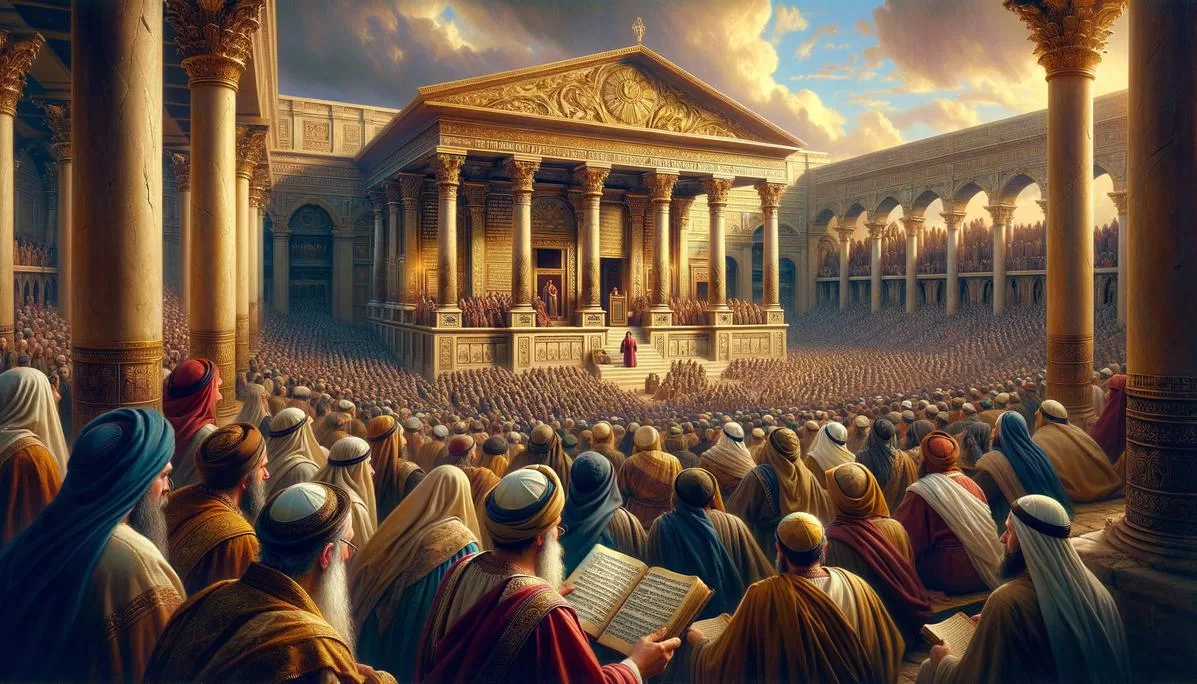Cena do templo em Jerusalém, onde um escriba lê as escrituras sagradas sobre o maior mandamento, rodeado por fiéis em trajes mencionados na época.