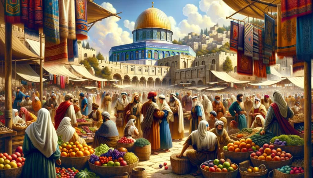Mercado de Jerusalém com pessoas em vestes bíblicas, simbolizando a admoestação e a vida comunitária.