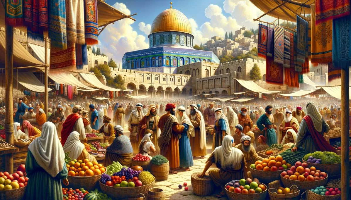 Mercado de Jerusalém com pessoas em vestes bíblicas, simbolizando a admoestação e a vida comunitária.