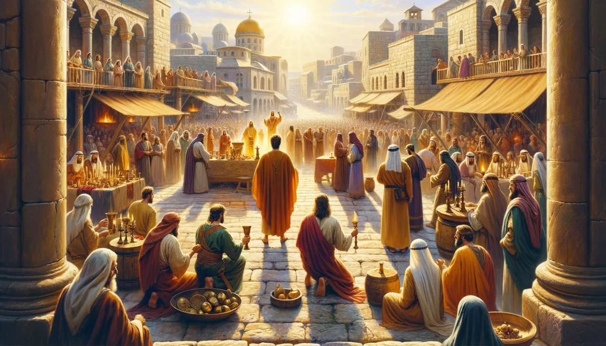 Cena de Adriel na Bíblia em Jerusalém, com sacerdotes e uma cerimônia, refletindo a cultura bíblica.