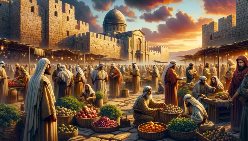 Cenário da Jerusalém antiga no pôr do sol, simbolizando aflição e fé.