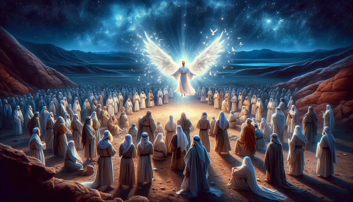 Cena bíblica com uma figura divina de asas brancas iluminando um grupo de hebreus no deserto da Judéia, simbolizando alva significado bíblico.