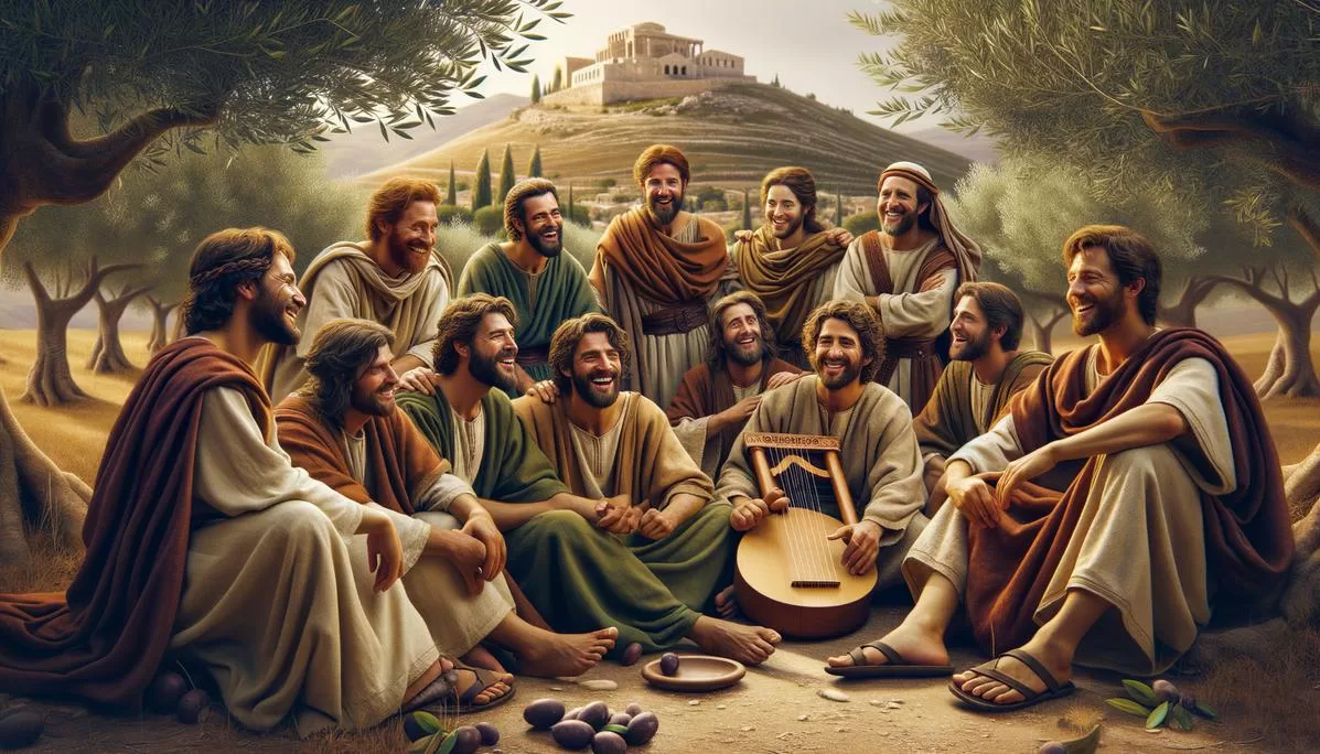 Grupo de amigos da Bíblia se reunindo sob oliveiras, celebrando a amizade na Antiguidade.