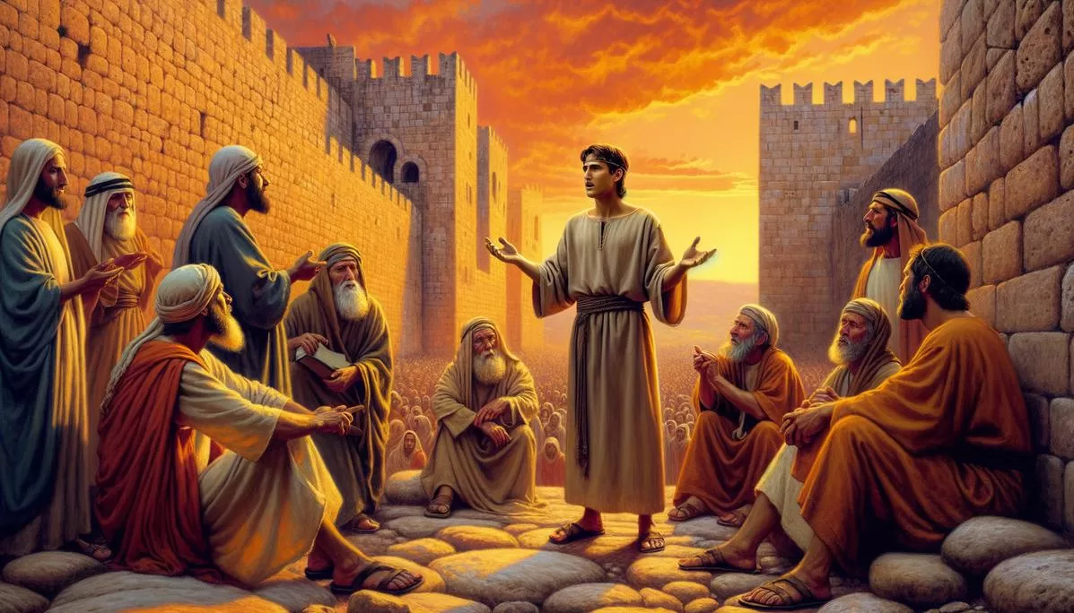 Cena de Anás no primeiro século em Jerusalém, retratando as tensões religiosas e políticas.