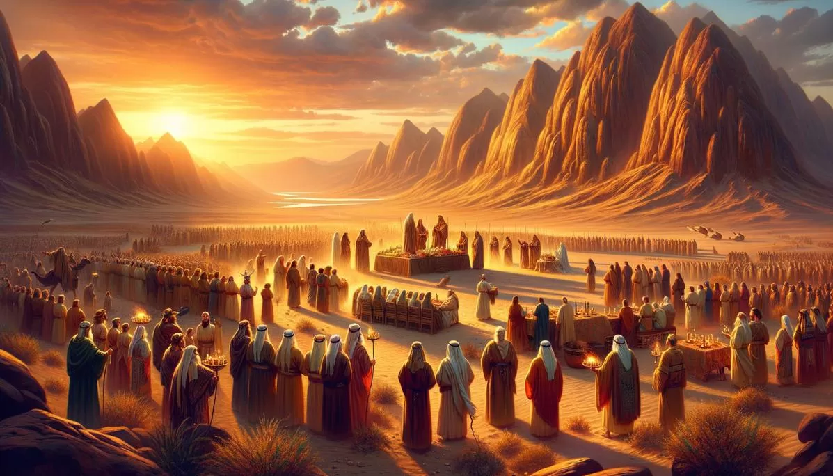 Cena de Israelitas em adoração no deserto, simbolizando o significado de anátema na Bíblia.