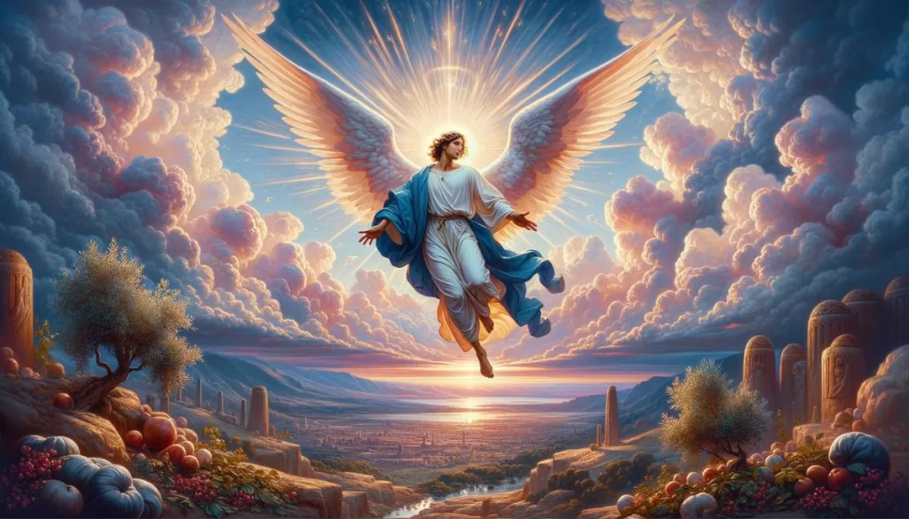 Anjo Rafael na Bíblia: Descendo do céu com luz divina sobre Nínive.