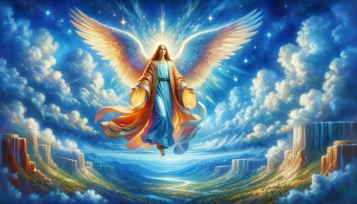 Anjo majestoso com asas amplas e vestes brilhantes representando a aparência dos anjos segundo a Bíblia, em um céu azul com nuvens.