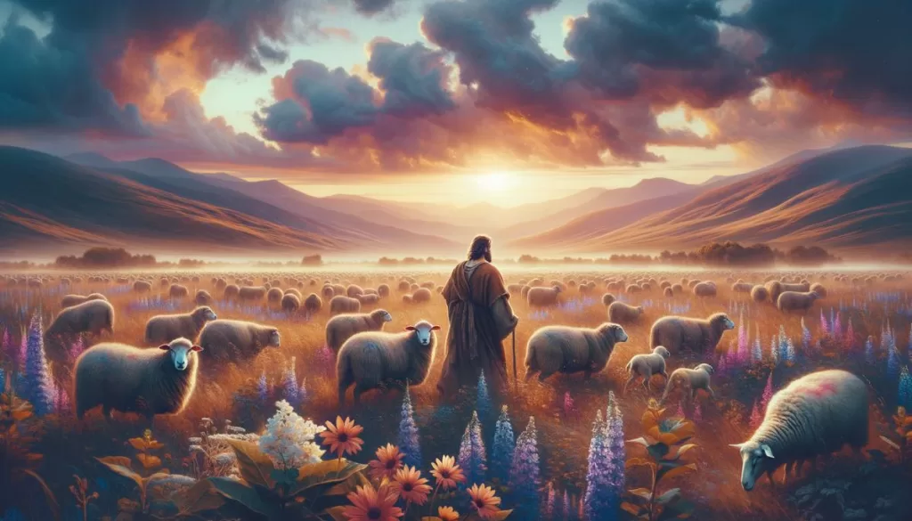 Pastor bíblico cuidando de ovelhas em um campo ao amanhecer, representando o conceito de apascentar na Bíblia.