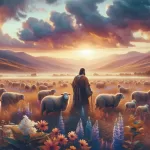 Pastor bíblico cuidando de ovelhas em um campo ao amanhecer, representando o conceito de apascentar na Bíblia.