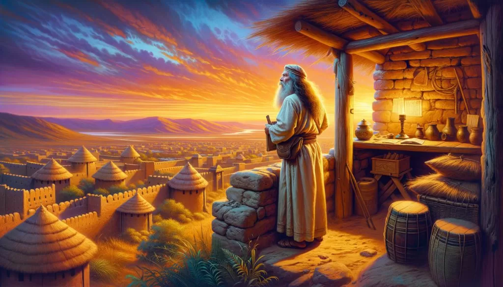 Atalaia em uma torre de vigilância observando a cidade antiga, representando o significado de atalaia na Bíblia.