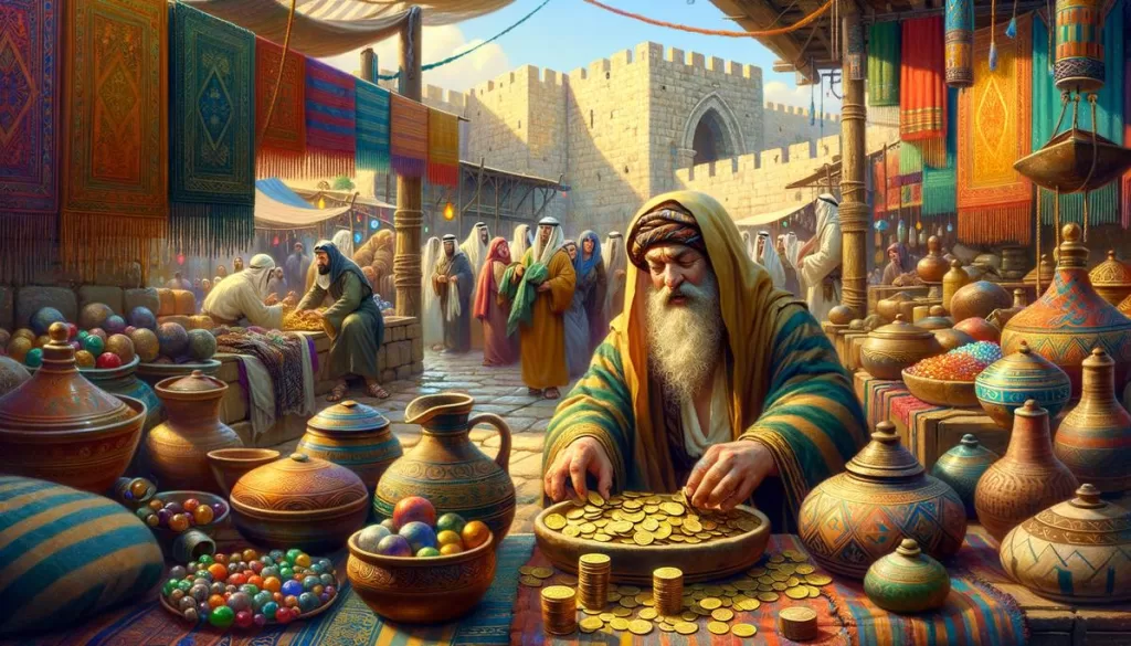 Imagem de um mercador avarento em um mercado de Jerusalém, cercado por moedas de ouro e mercadorias.