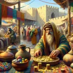 Imagem de um mercador avarento em um mercado de Jerusalém, cercado por moedas de ouro e mercadorias.