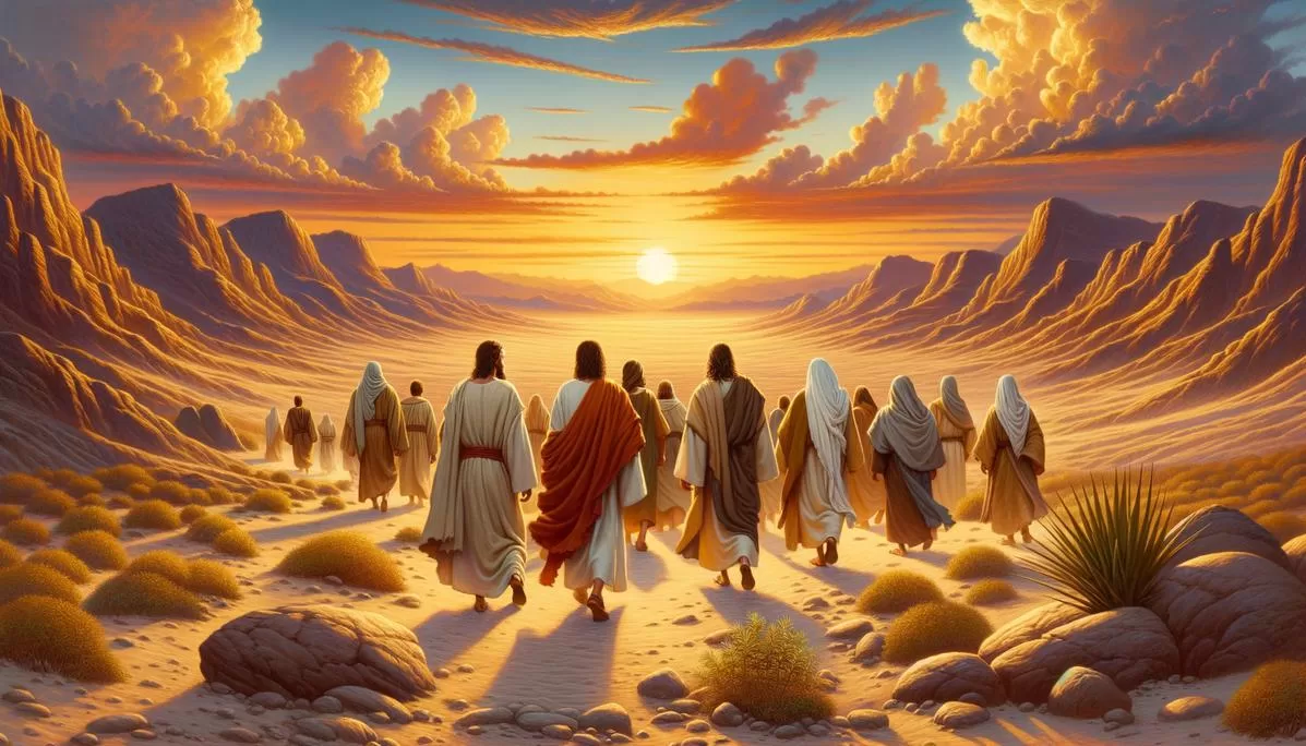 Cena de seguidores de Jesus no deserto, simbolizando servir a Deus com esperança e perseverança.