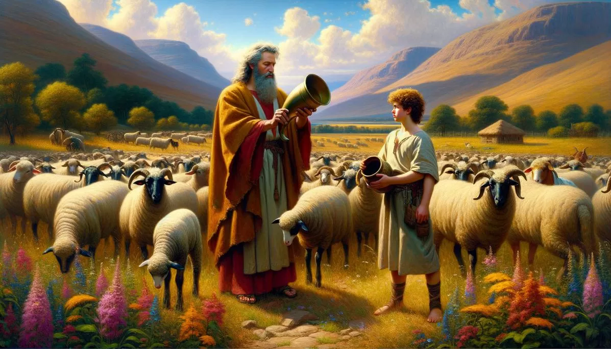 Cena da unção de Davi pelo profeta Samuel, com óleo e ovelhas, refletindo a simplicidade da vida pastoral.