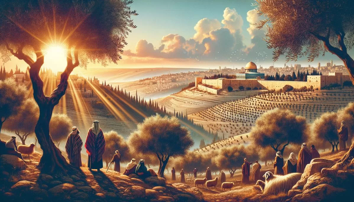 Cenário do Monte das Oliveiras ao amanhecer, simbolizando um versículo de paz, com pastores em vestes tradicionais e a cidade de Jerusalém ao fundo.