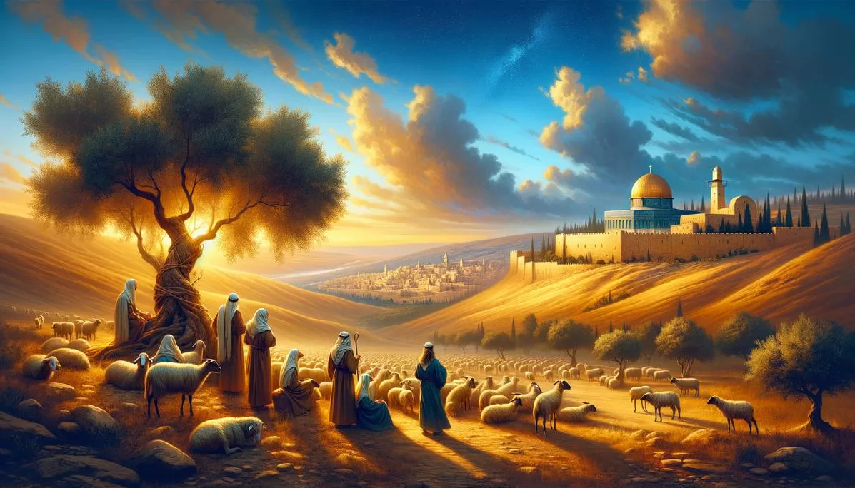 Cena bíblica no deserto da Judeia com pastores e a cidade de Jerusalém ao fundo, referente ao versículo mais lindo da Bíblia.