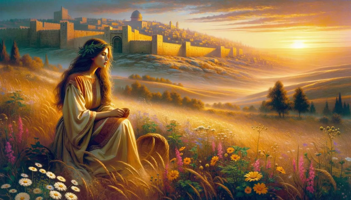 Imagem de Maria Madalena em um cenário bíblico com Jerusalém ao fundo, simbolizando sua jornada de fé e redenção.