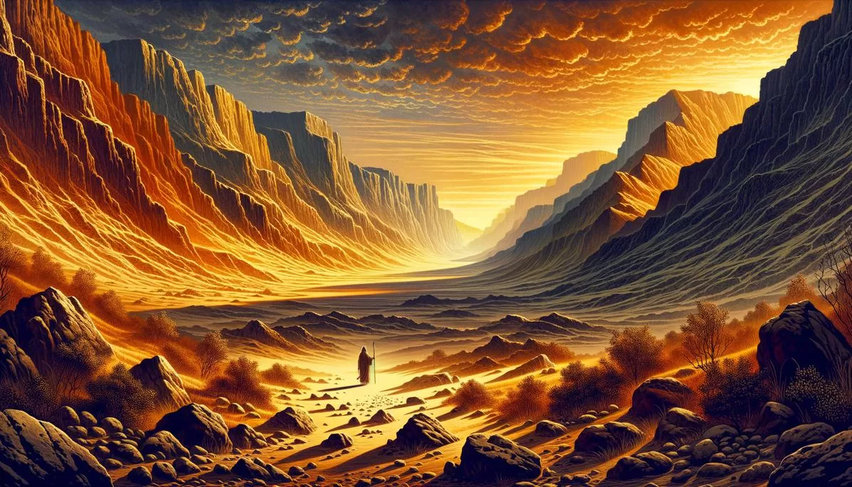 Cena do Vale da Sombra da Morte com colinas, figura bíblica e sombras longas, evocando espiritualidade.