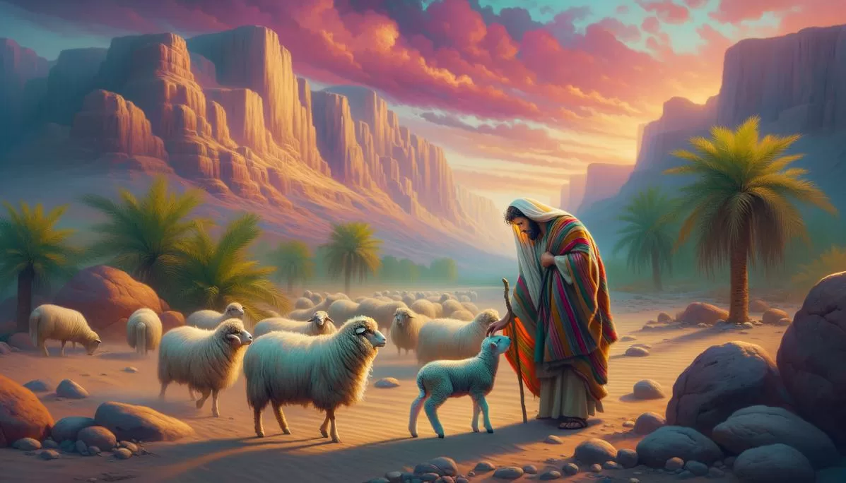 Pastor bíblico cuidando de ovelhas em um oásis no deserto, refletindo versículos de proteção.