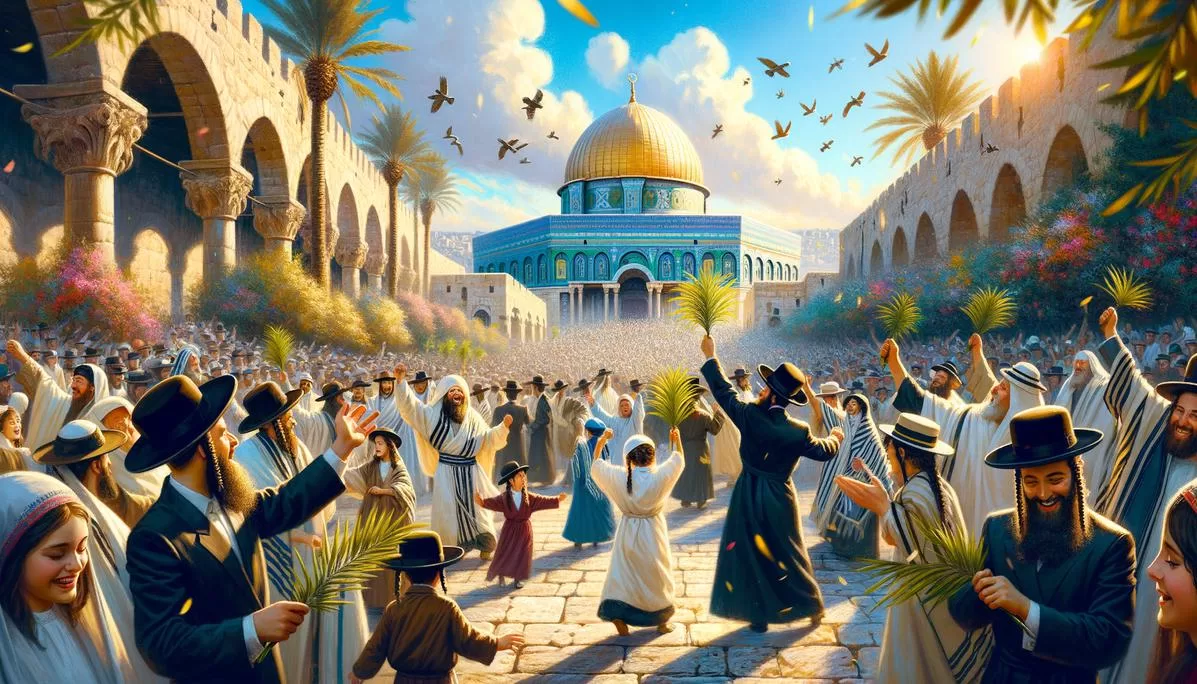 Cena de celebração em Jerusalém antiga com muita alegria, crianças dançando e o Templo de Salomão ao fundo.