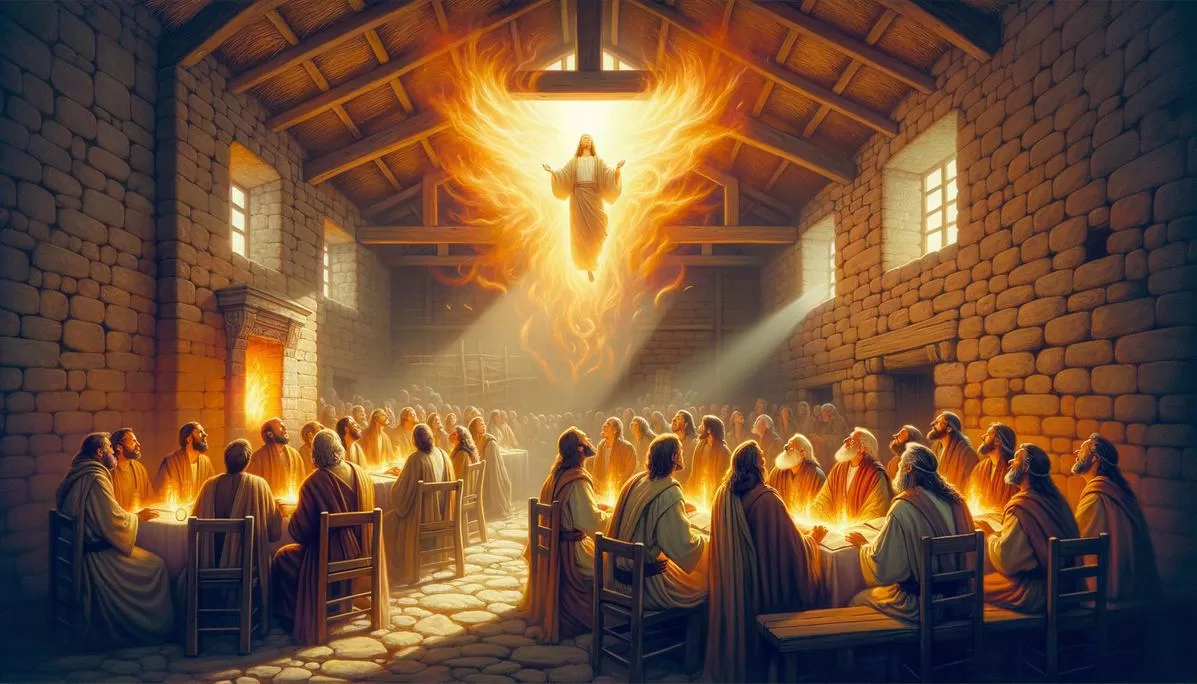 Discípulos de Jesus recebendo o Espírito Santo durante o Pentecostes, representando versículos sobre o Espírito Santo.
