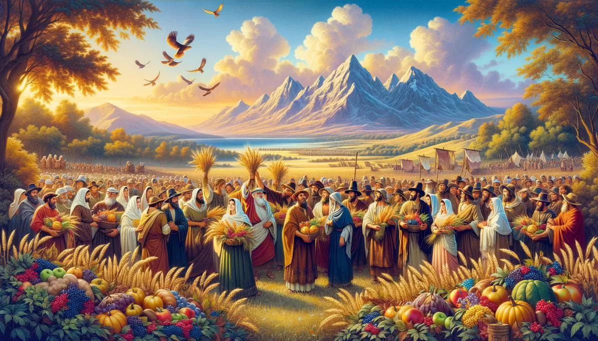 Celebração de Ação de Graças no Antigo Testamento com israelitas, simbolizando a gratidão pela vida e pela colheita.