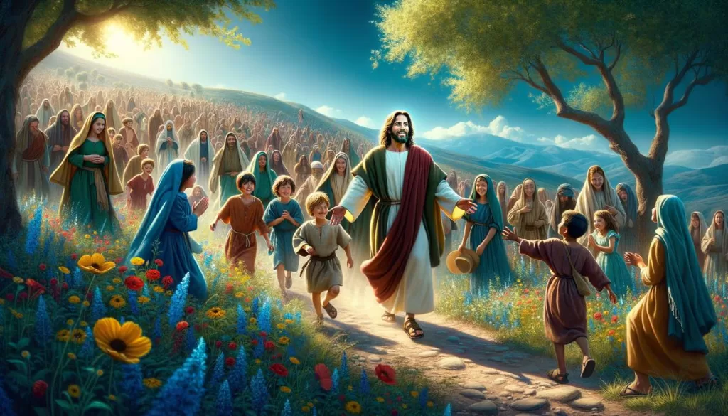 Cena de Jesus abençoando crianças, retratando a mensagem de amor de Jesus em uma colina ensolarada.