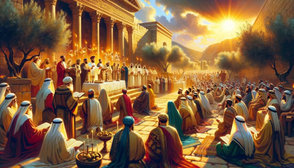 Cena do templo em Jerusalém com sacerdotes e povo ouvindo Jesus, representando a suficiência de Jesus como a Palavra.