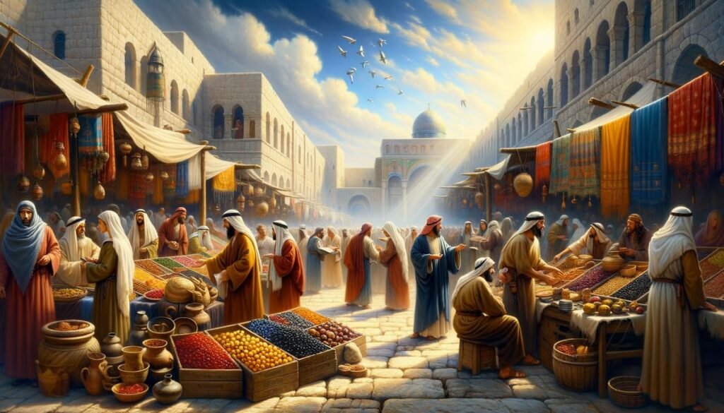 Mercado de Jerusalém no primeiro século refletindo a avareza e a interação entre comerciantes.