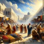 Mercado de Jerusalém no primeiro século refletindo a avareza e a interação entre comerciantes.